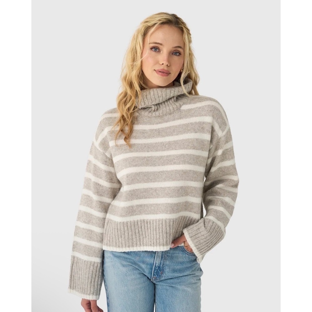 Z Supply Striped Turtleneck Sweater Size L Beige White Polyester